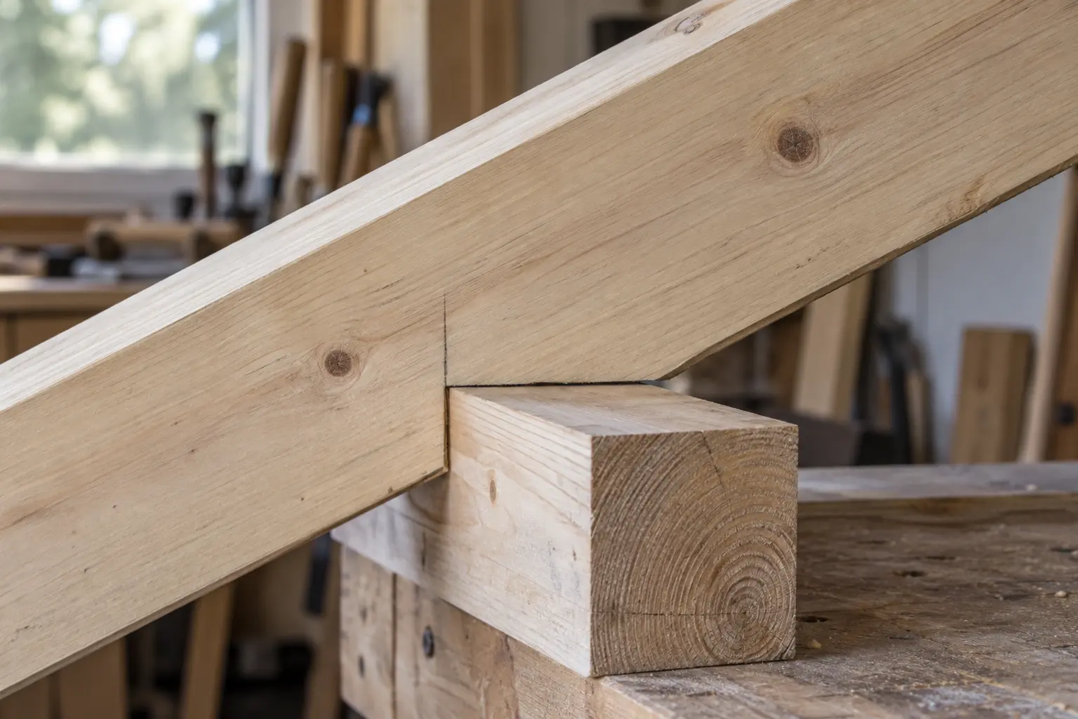 Close-up of a birdsmouth notch resting on a timber support