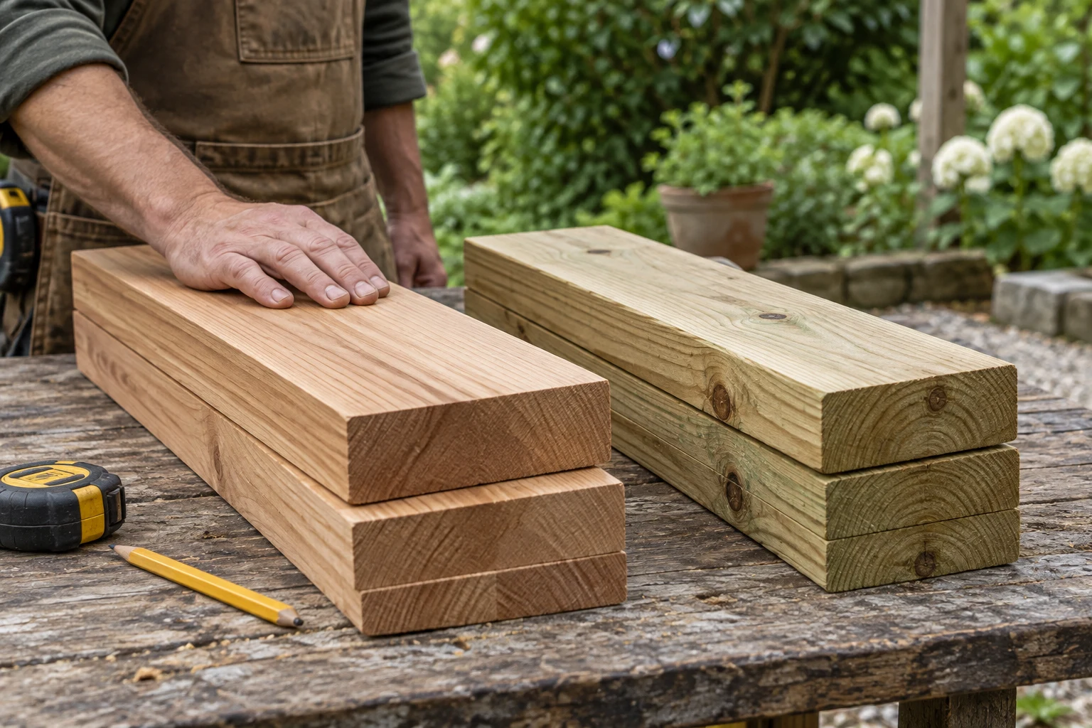 Cedar and treated softwood boards being compared on an outdoor workbench