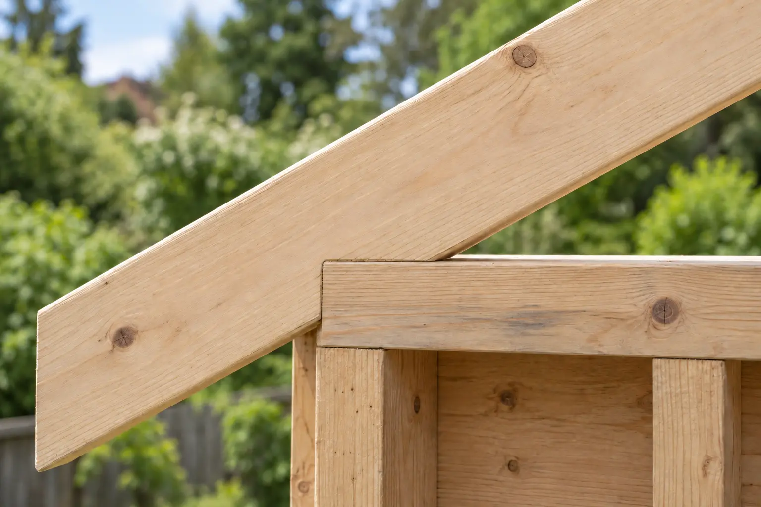 Side view of a clean birdsmouth joint seated on a timber wall plate