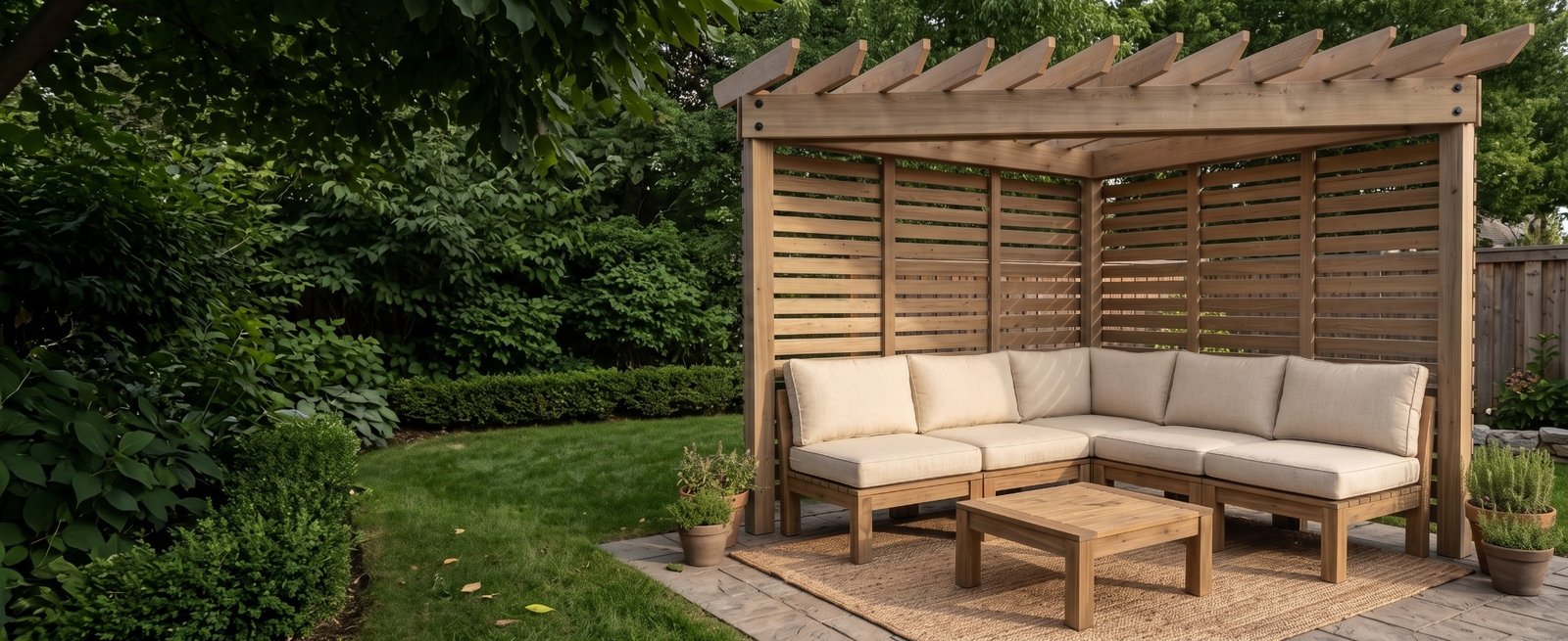 Timber corner pergola with cream-cushioned seating in a leafy garden