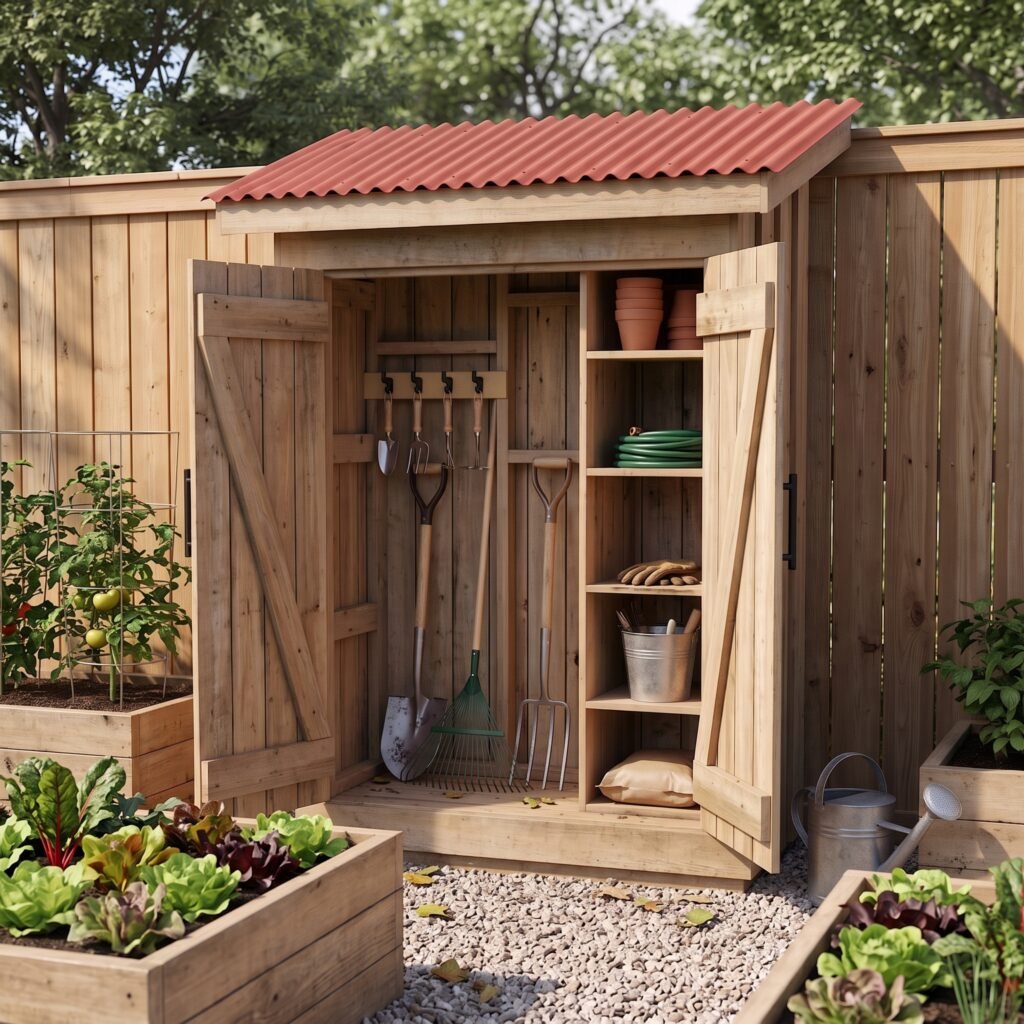 Firesided tool shed design with open doors showing tool storage and shelves