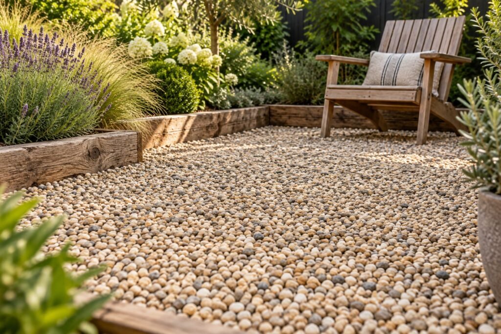 Gravel being spread across a garden path