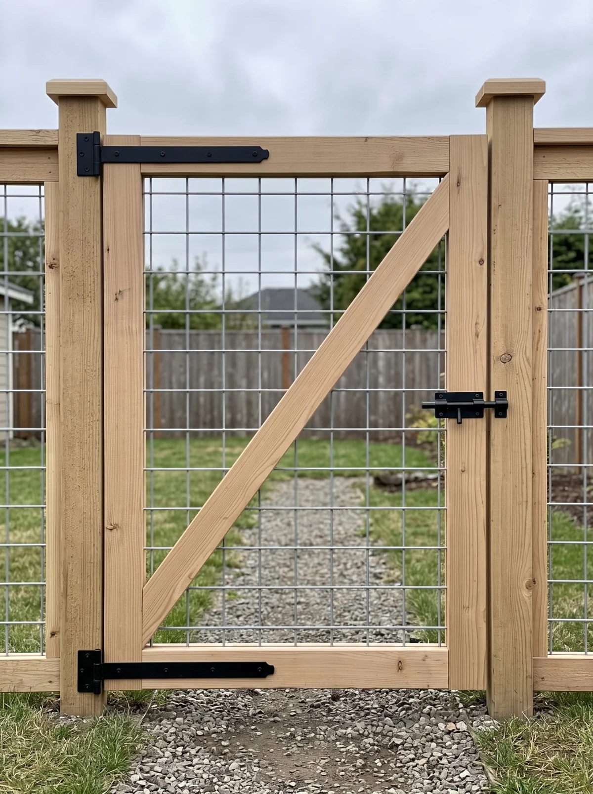 Hog-wire garden gate with a wooden diagonal brace rising from the lower hinge to the upper latch corner