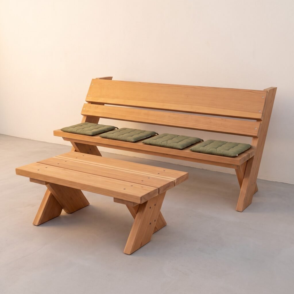 Wooden Leopold bench with green seat cushions and matching crossed-leg coffee table
