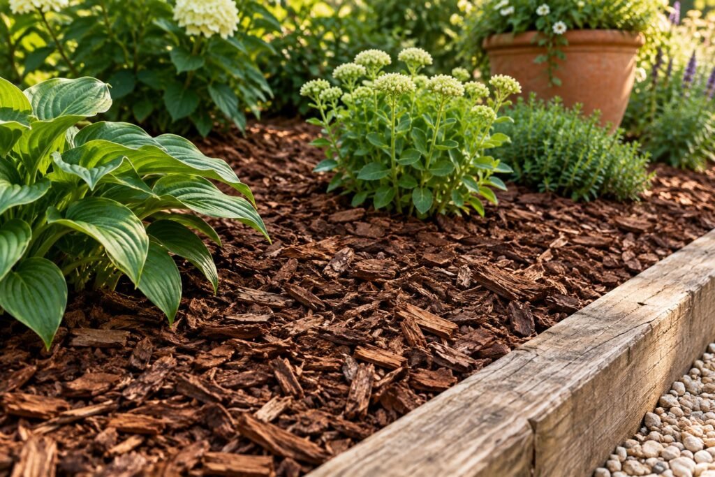 Mulch laid around plants in a garden bed