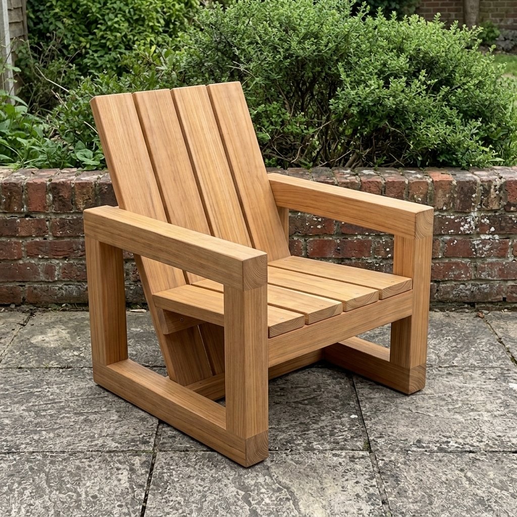 Wooden lounge chair with wide arms and a reclined slatted backrest on a garden patio