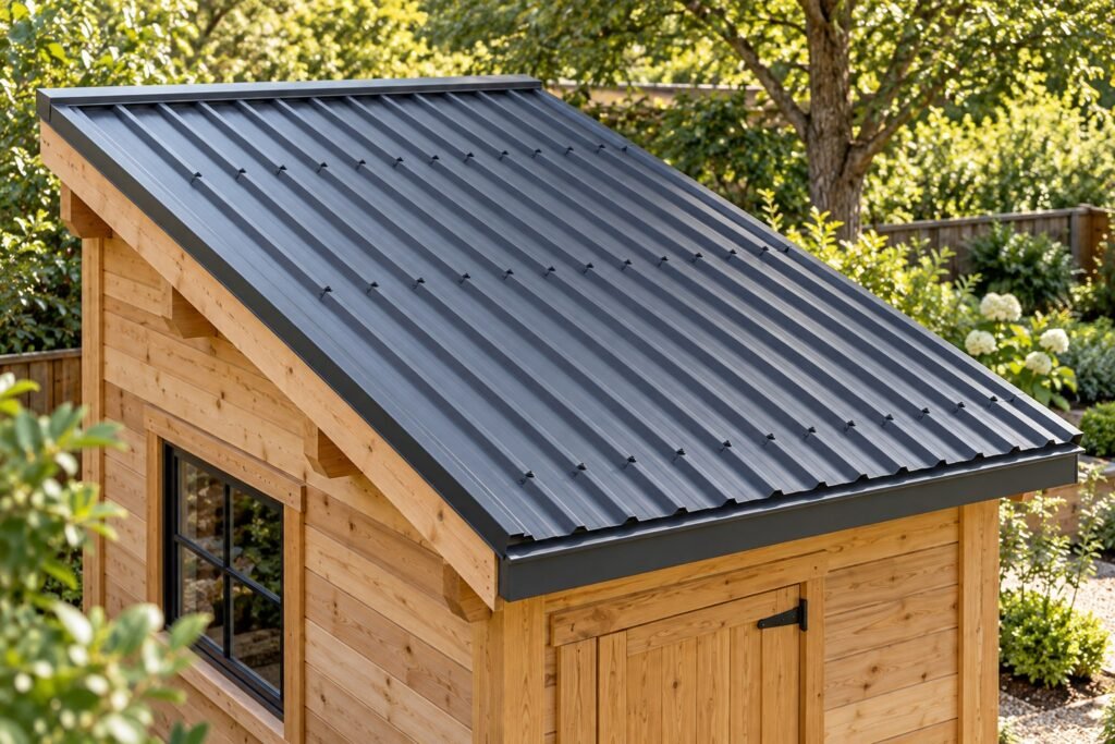 Sloping metal roof on a timber garden shed with three rows of fasteners