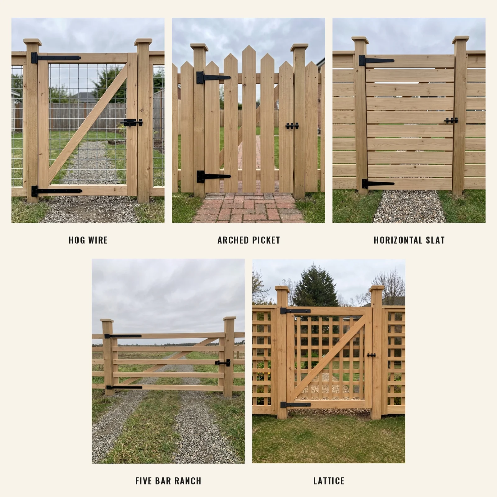 Five Firesided garden gate designs: hog wire, arched picket, horizontal slat, five bar ranch and lattice