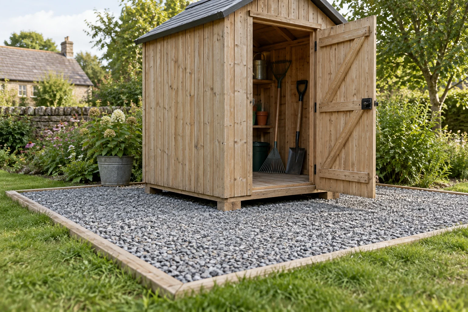 Timber garden shed on a gravel pad with a clear margin around the building