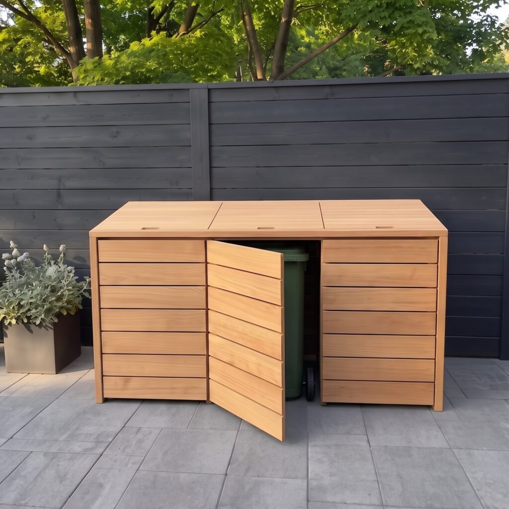 Three-bay wooden trash bin enclosure with front doors and lifting lids