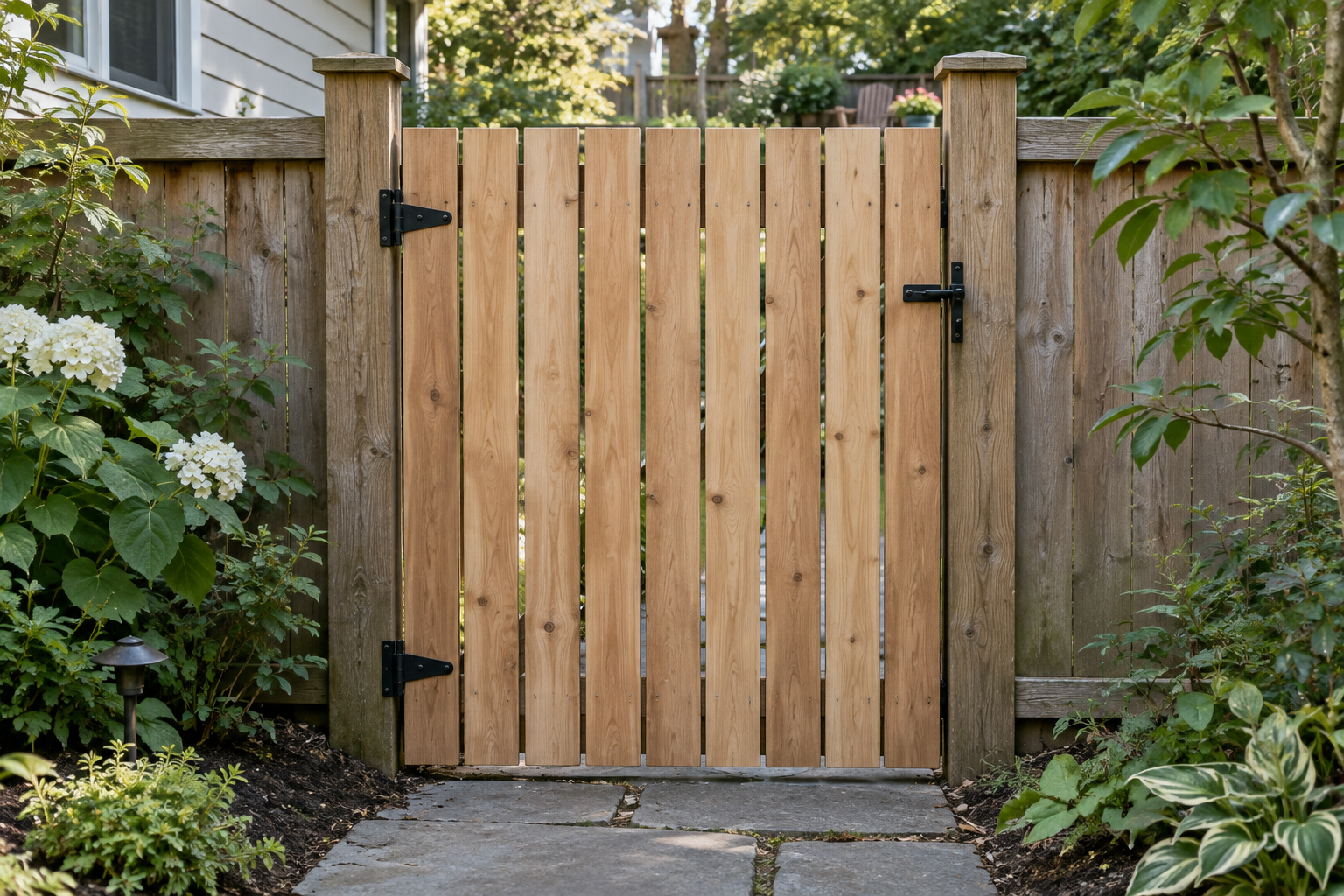 A cedar garden gate with nine vertical boards between wooden posts beside a garden path