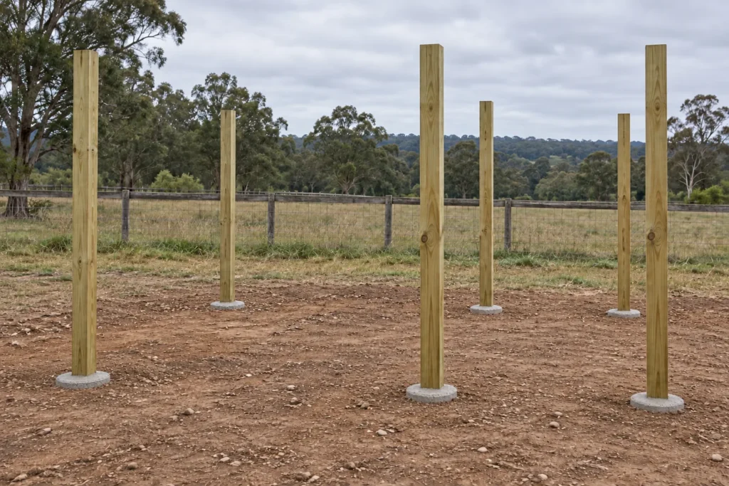 Six timber posts with concrete collars above ground