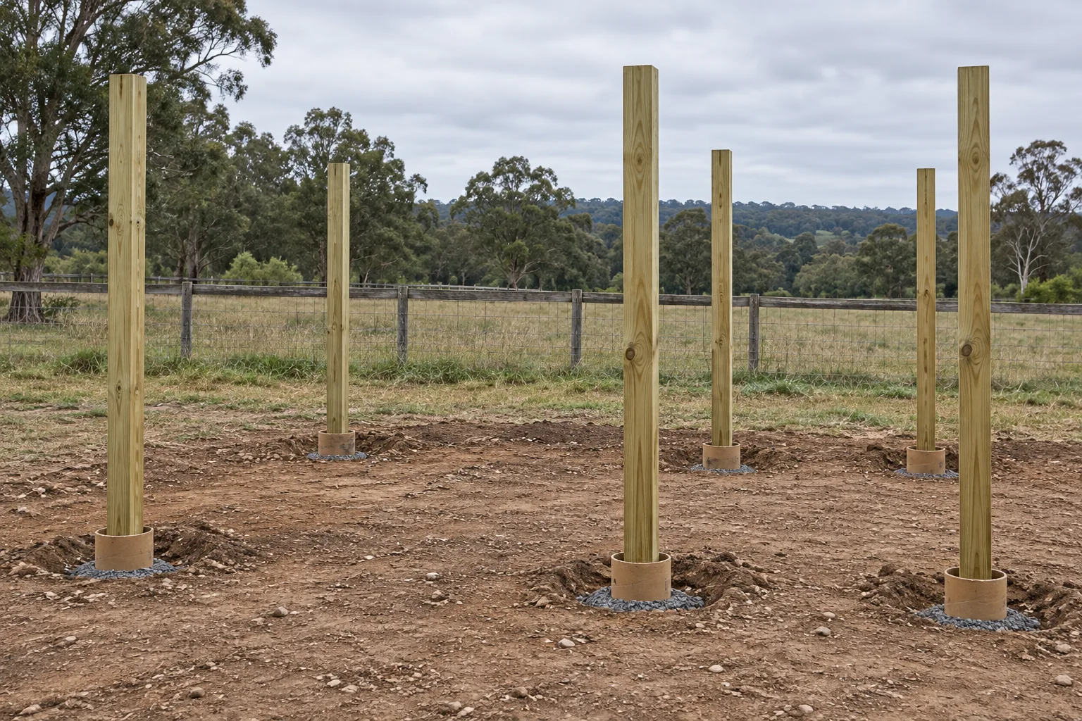 Illustration of six timber posts with round cardboard forms around their bases before the upper collars are filled