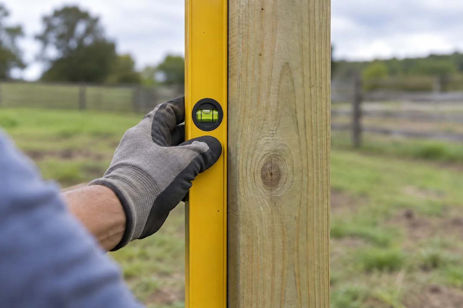 Close-up illustration of a gloved hand holding a spirit level against a timber post to check plumb