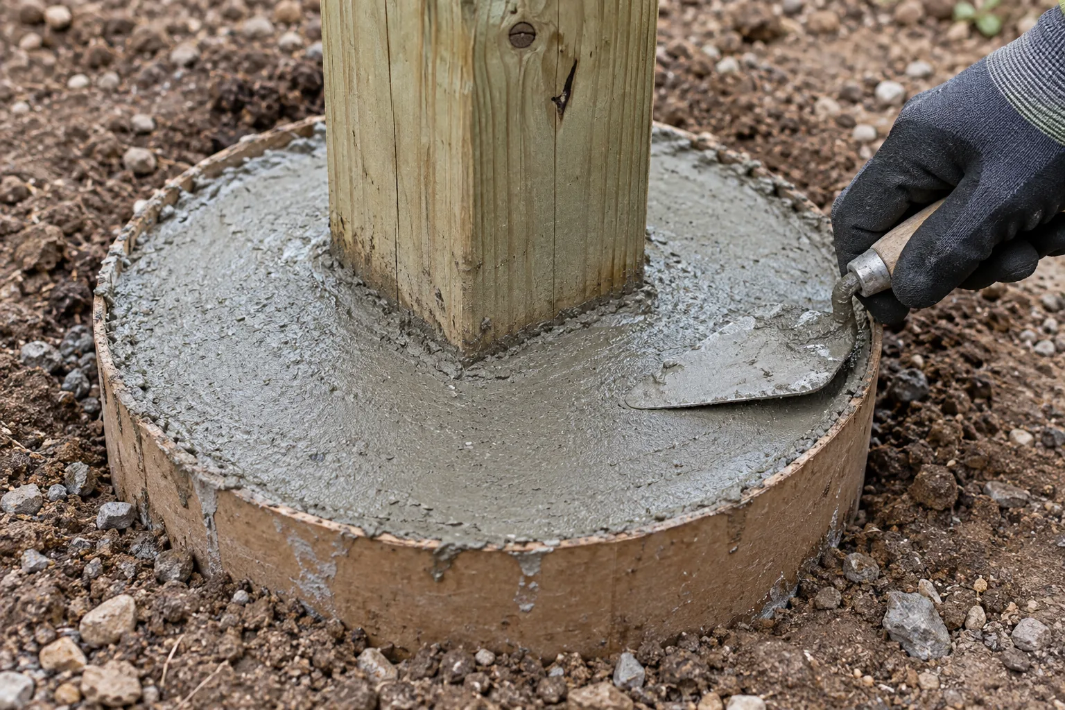 Illustrative close-up of a gloved hand trowelling fresh concrete around a timber post inside a round form