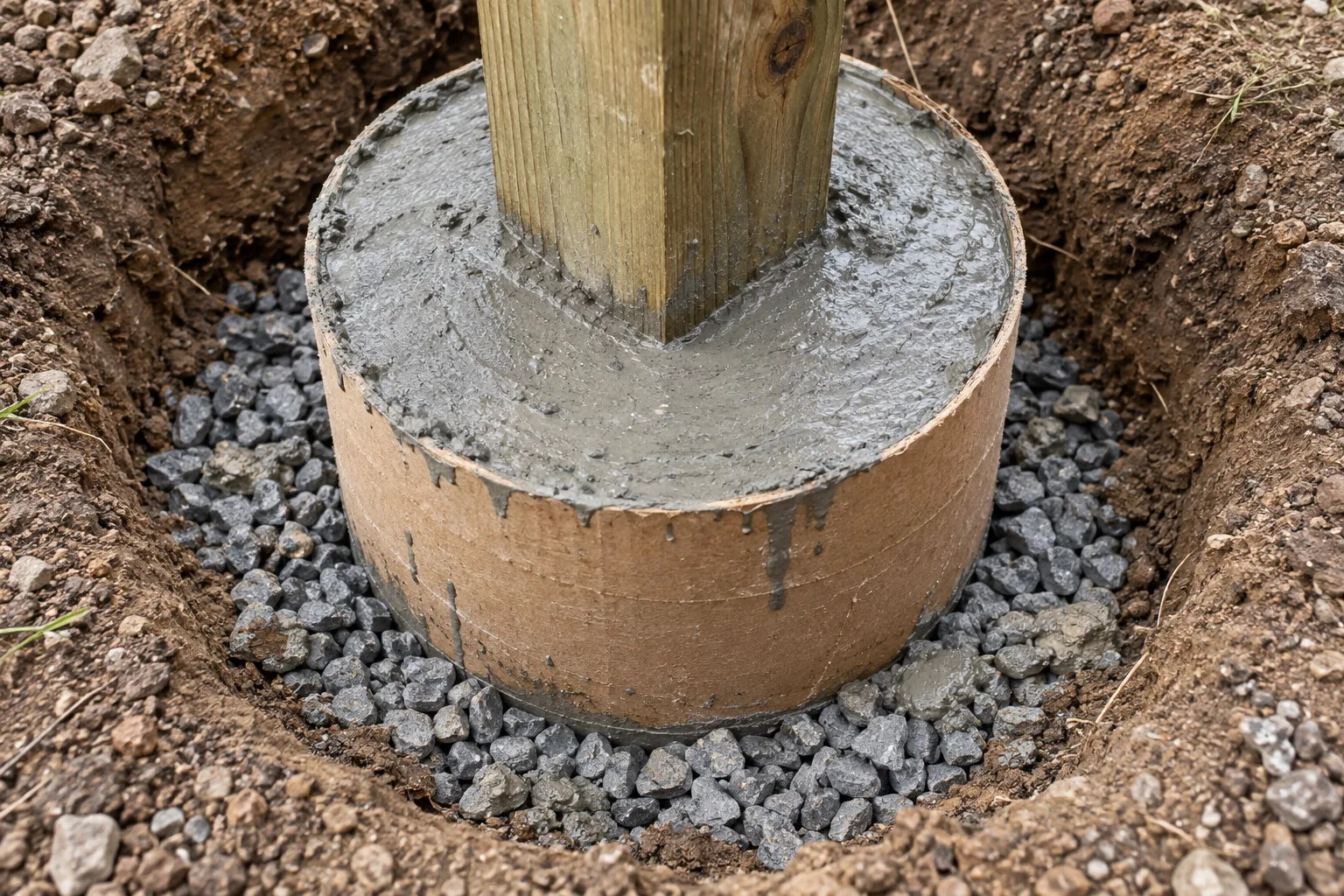 Illustrative close-up of freshly placed concrete around a timber post inside a cardboard form, with nearby gravel and small spills