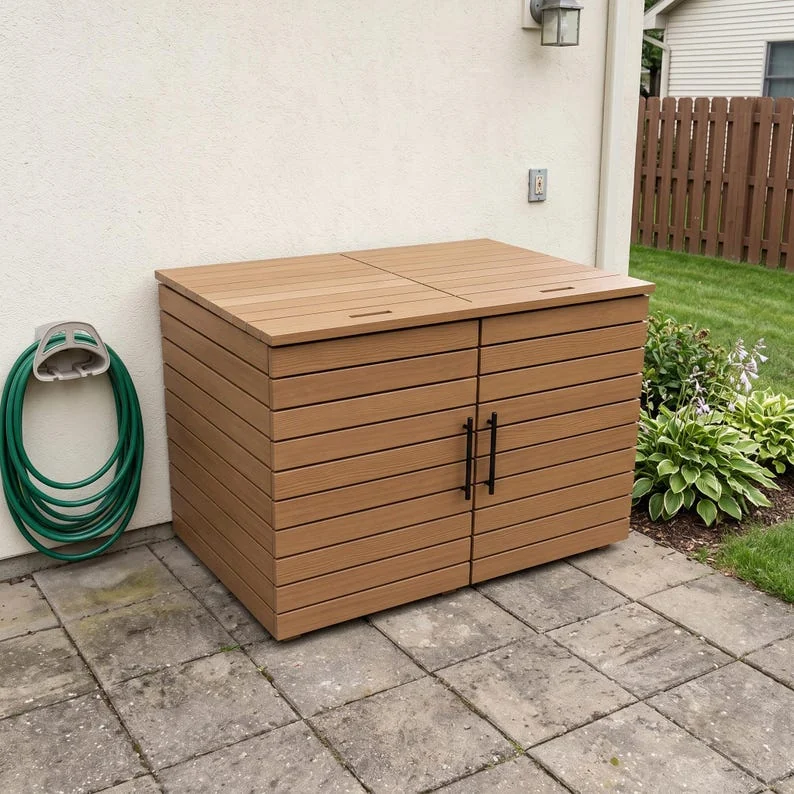 Double wooden trash can enclosure with front doors and lift-up lids