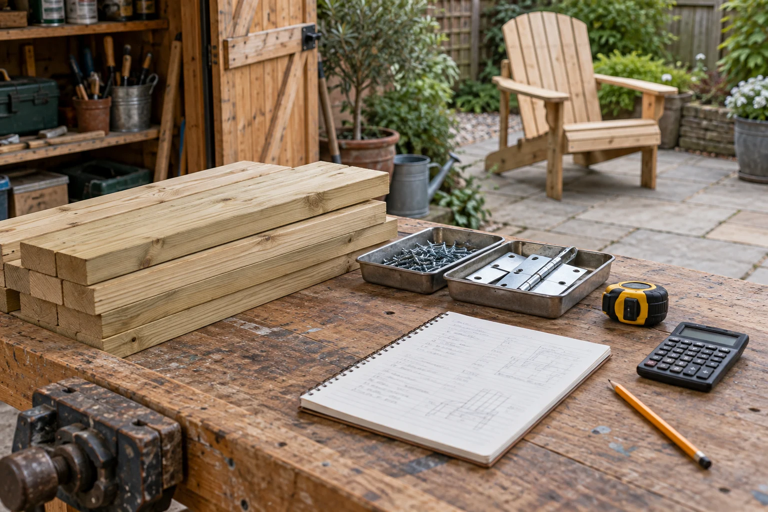 Timber, hinges, screws and a budget notebook arranged on a garden workbench