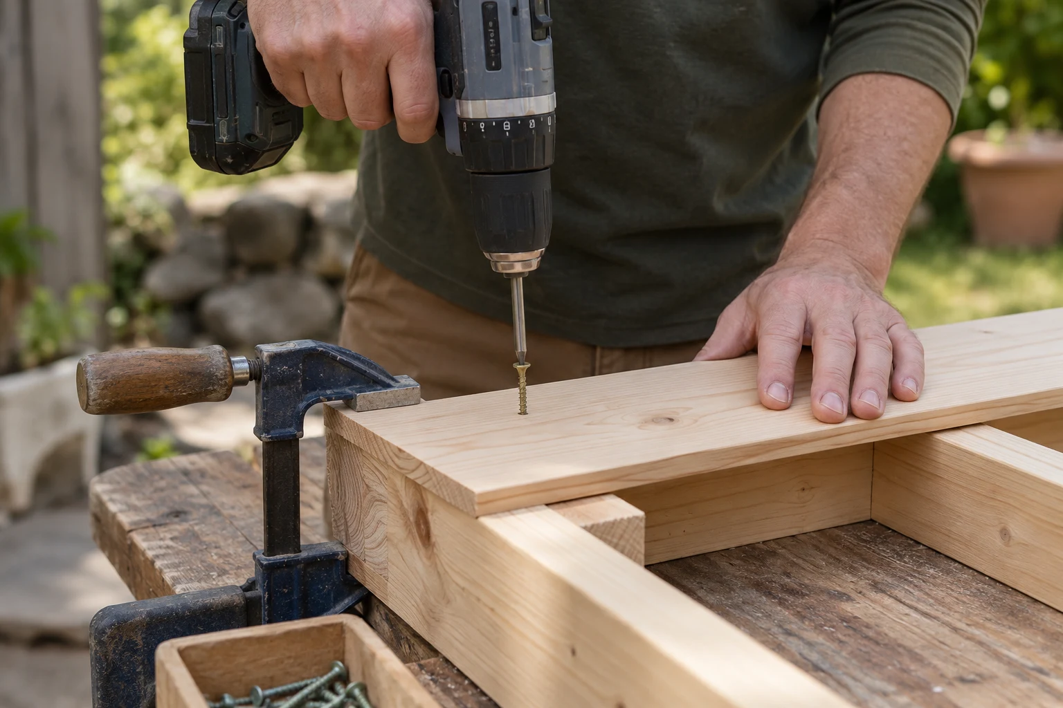 Using a drill driver on a board clamped to an outdoor timber frame