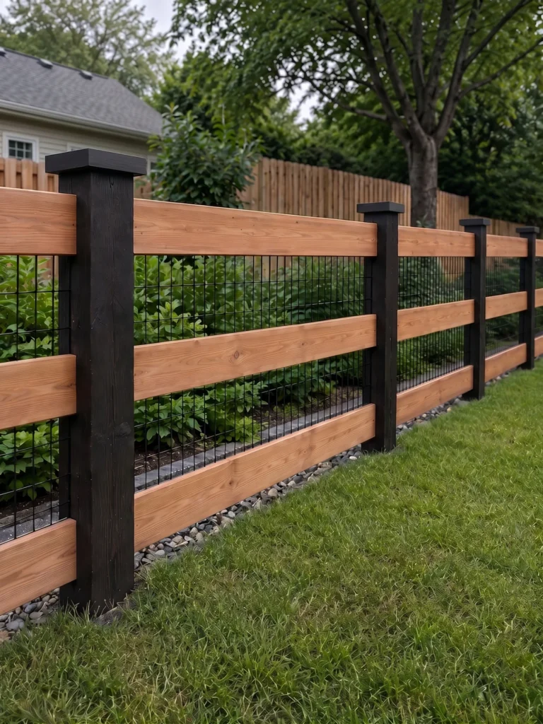 Wood and wire fence with cedar rails