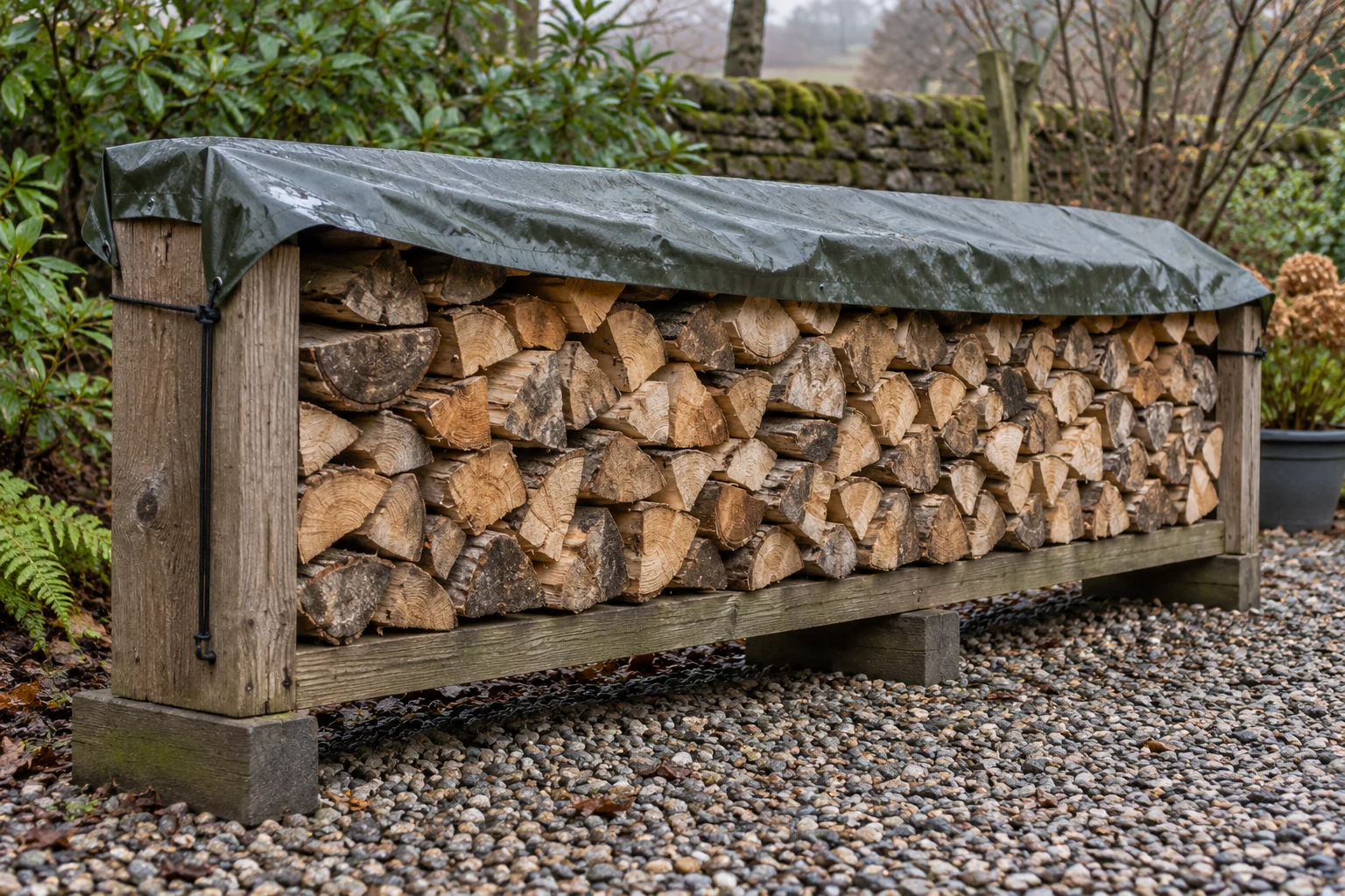 Split firewood raised on a rack with a tarp covering the top and the sides open for airflow