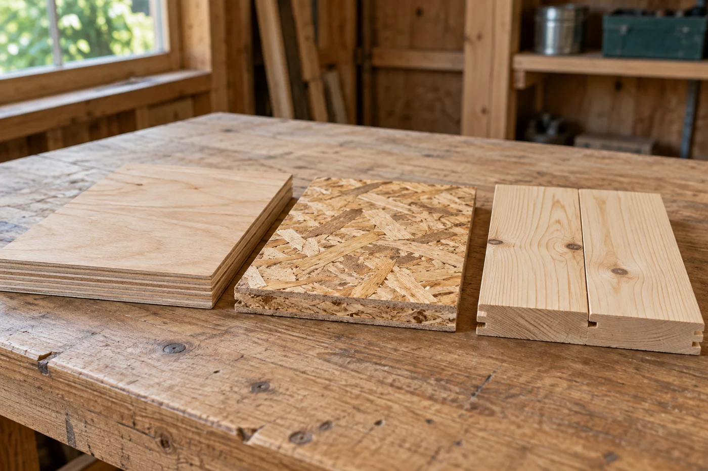 Plywood, OSB and solid timber flooring samples showing their different textures and edges