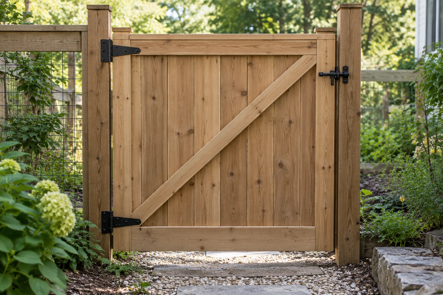 Rear of a wooden gate with a diagonal brace rising from the lower left hinge corner