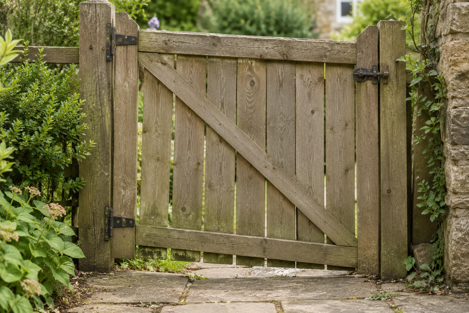 Weathered wooden gate with its latch side close to the path