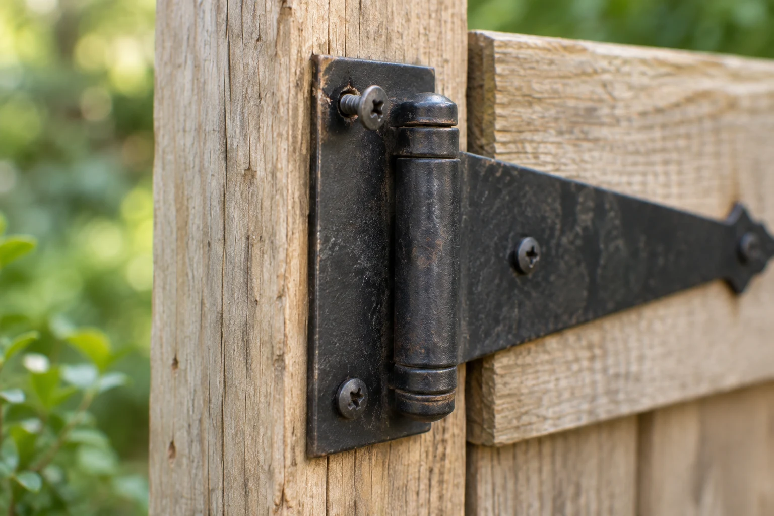 Loose mounting screw in a black strap hinge on a wooden gate