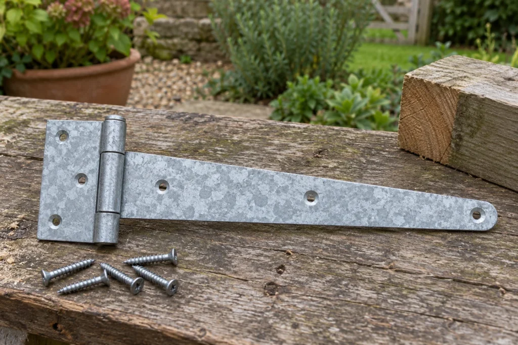Galvanized T hinge and screws on a timber workbench