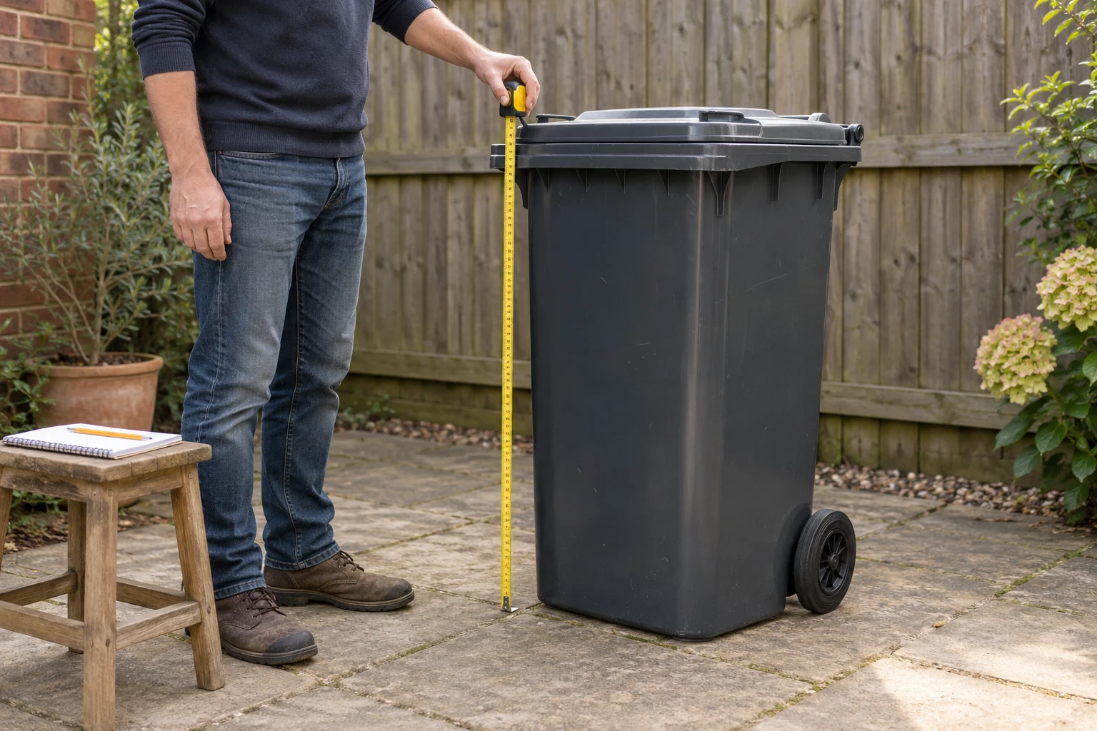 Measuring the closed height of a wheelie bin from the paving to the top of its lid