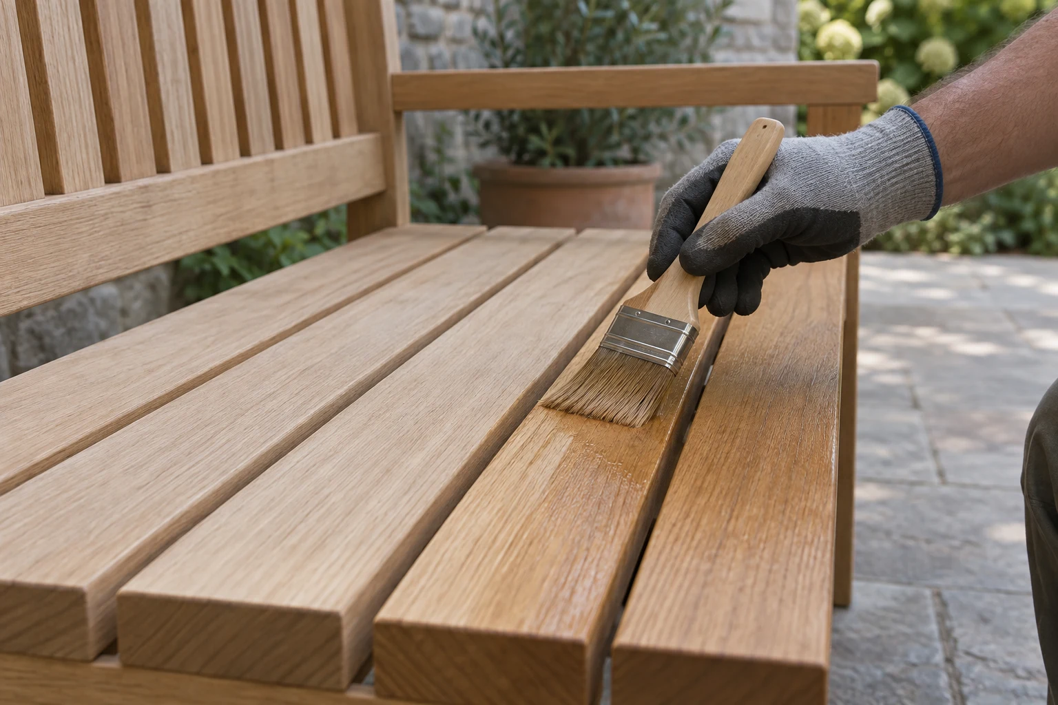 Gloved hand brushing a thin coat of finish along outdoor wooden bench slats