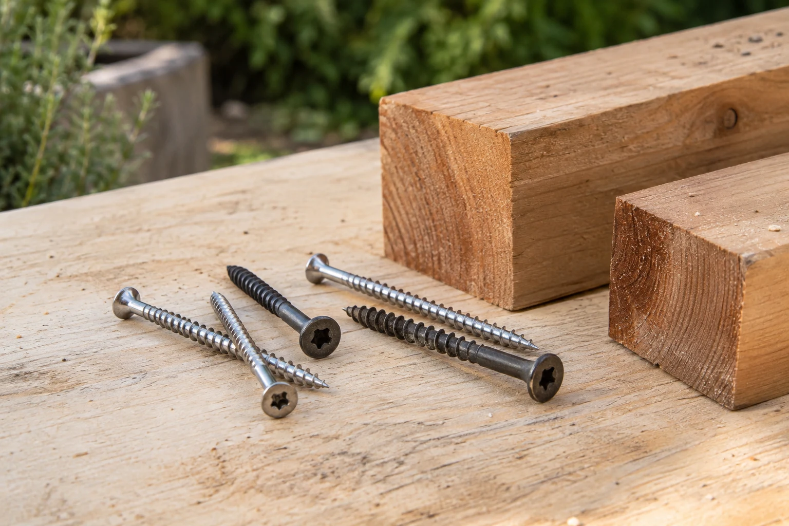 Wood screws and timber offcuts on an outdoor workbench