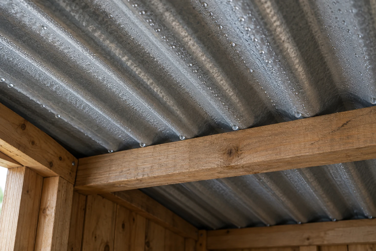 Condensation droplets on the underside of a corrugated metal shed roof above timber supports