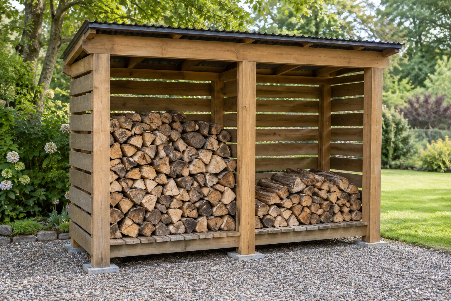Two-bay timber log store with a raised floor, ventilated slatted sides and a sloping roof