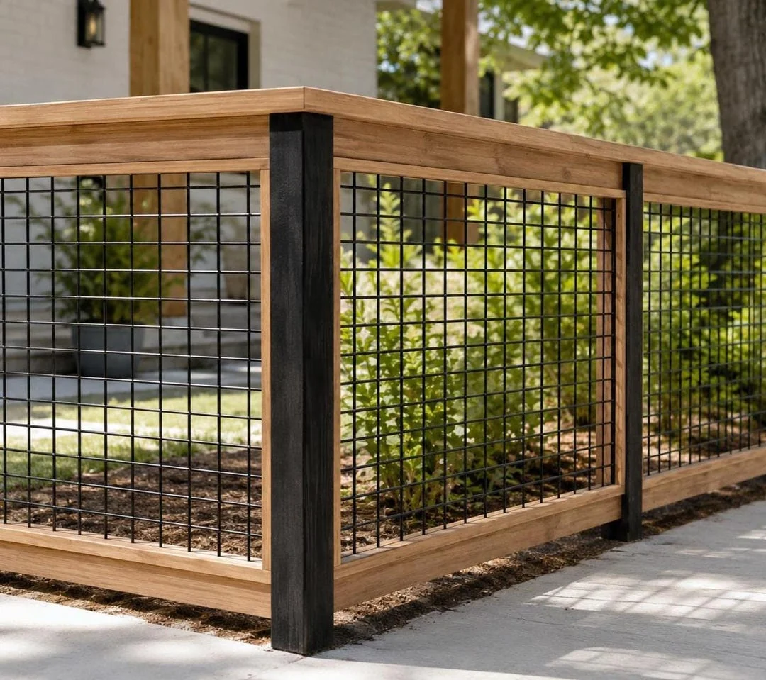 Cedar-framed hog wire fence panels with black posts and a corner section