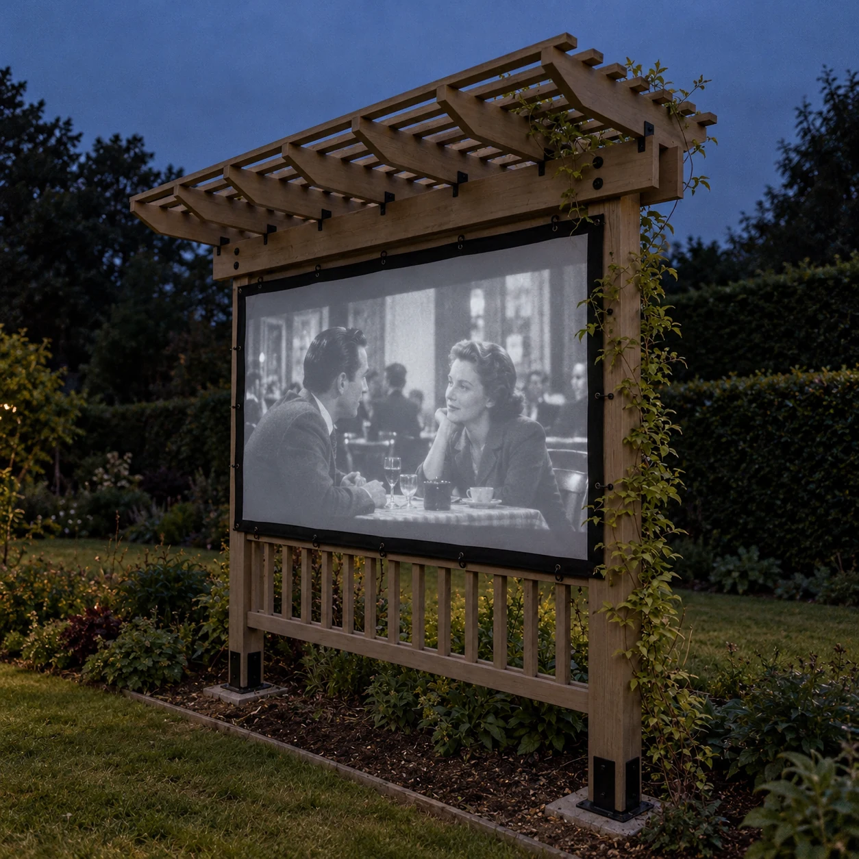 Two-post cedar cinema pergola at dusk with a black-and-white film projected onto its screen