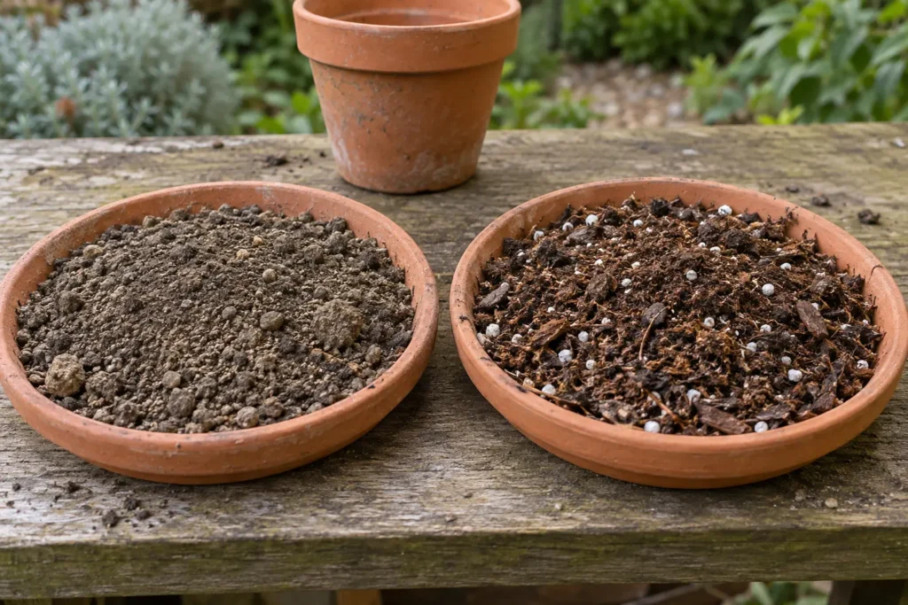 Dense mineral garden soil in one tray beside loose fibrous potting mix containing perlite