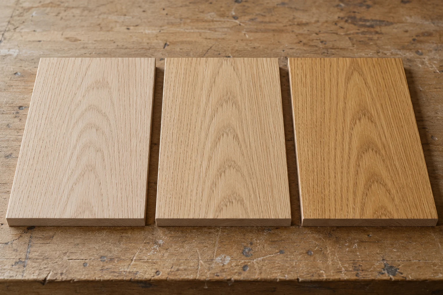 Three oak offcuts illustrating raw wood, a clear satin finish and a warmer amber finish