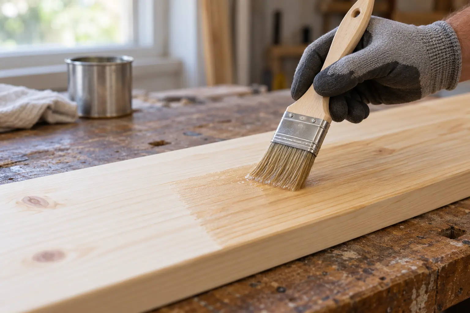 A brush spreading a thin clear conditioning coat along the grain of a pale pine board