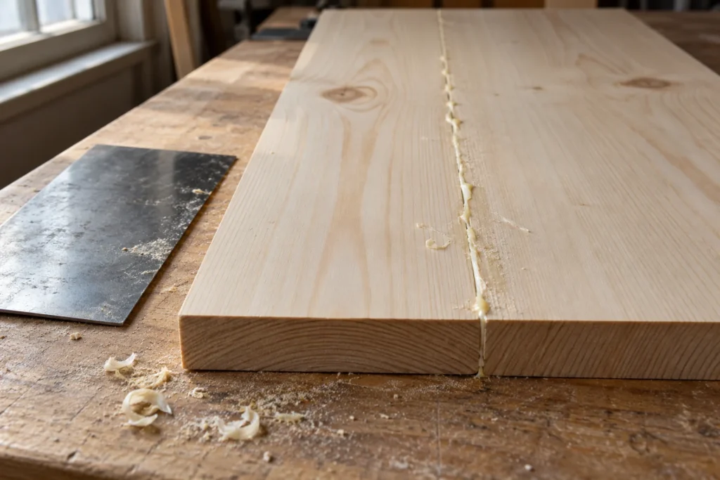 A thin dried glue bead along a pine panel joint beside a steel cabinet scraper