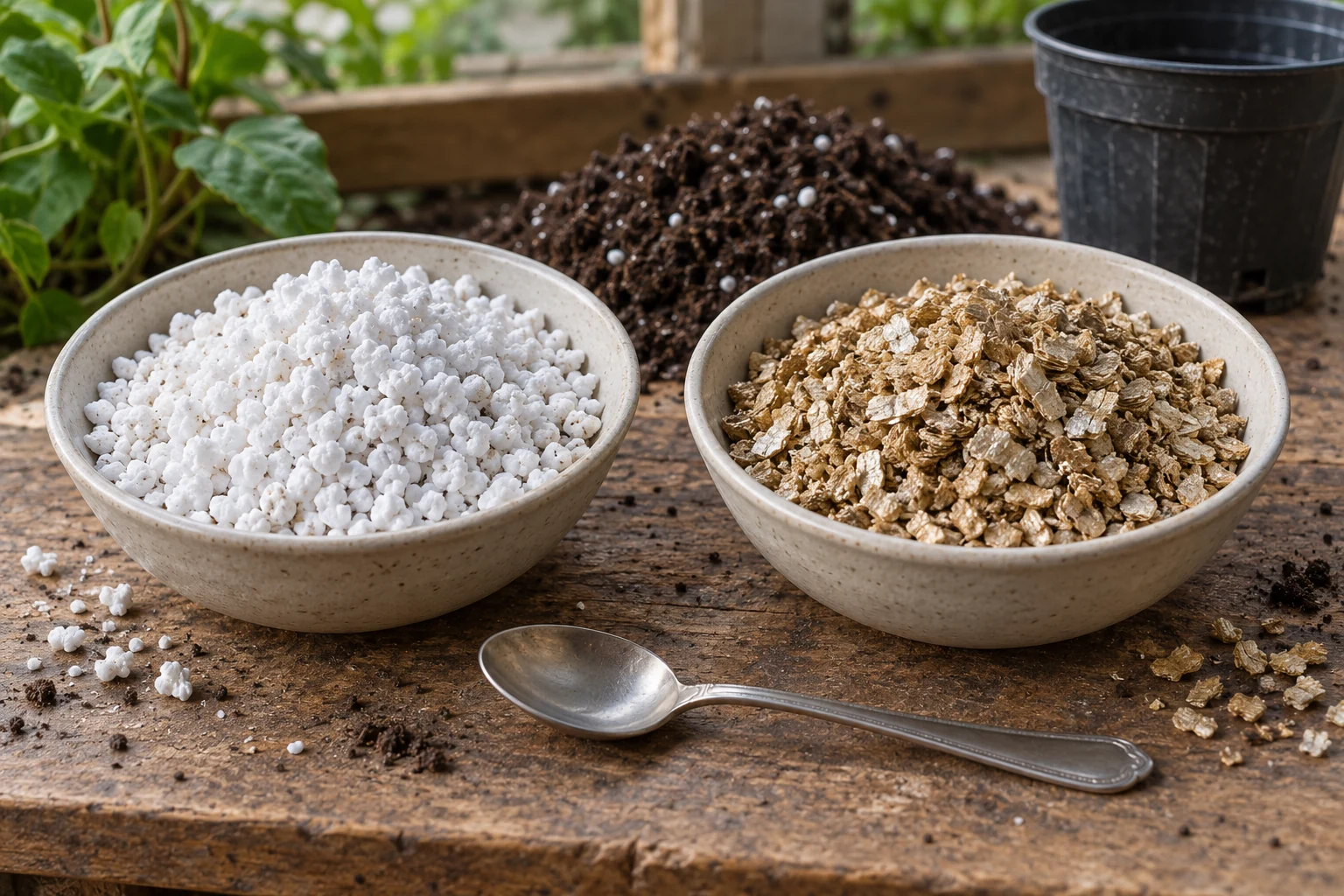White perlite granules and golden brown vermiculite flakes in separate bowls beside a teaspoon