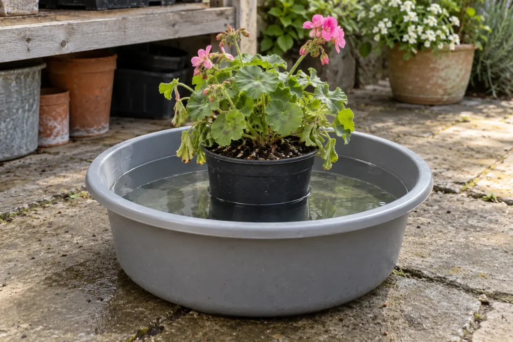 A small nursery pot temporarily soaking in a basin of water below the pot rim