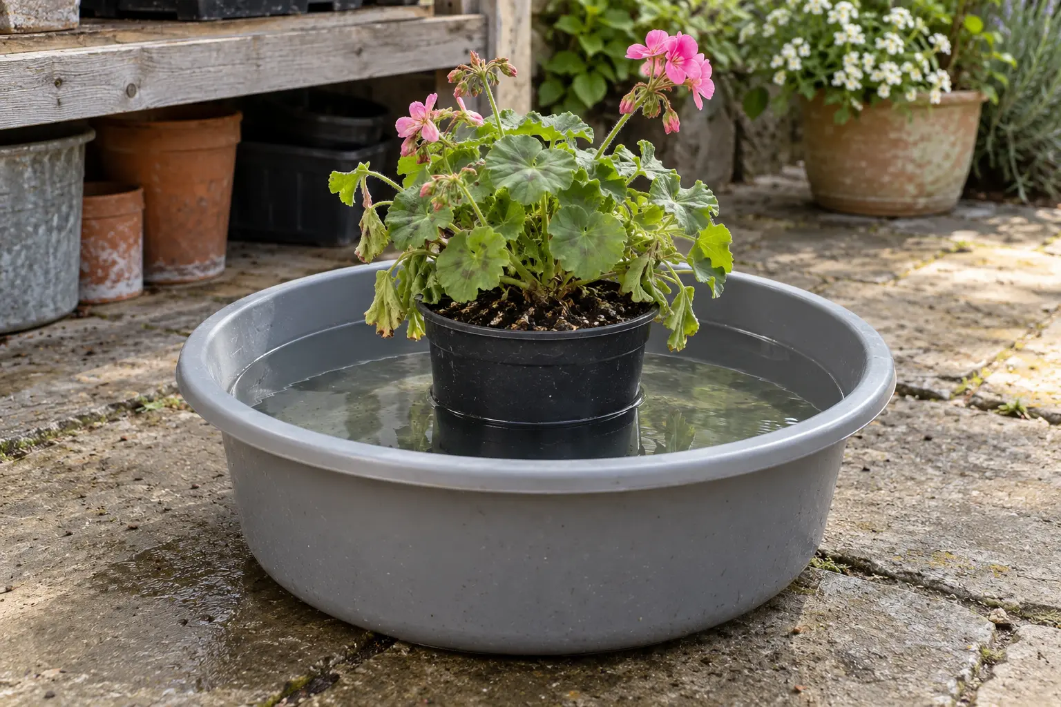 A small nursery pot temporarily soaking in a basin of water below the pot rim