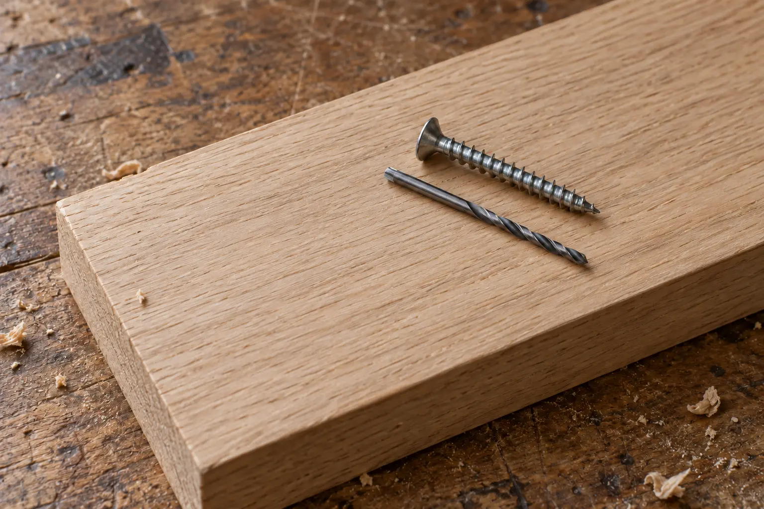 A wood screw and a narrower twist drill bit lying side by side on an oak board