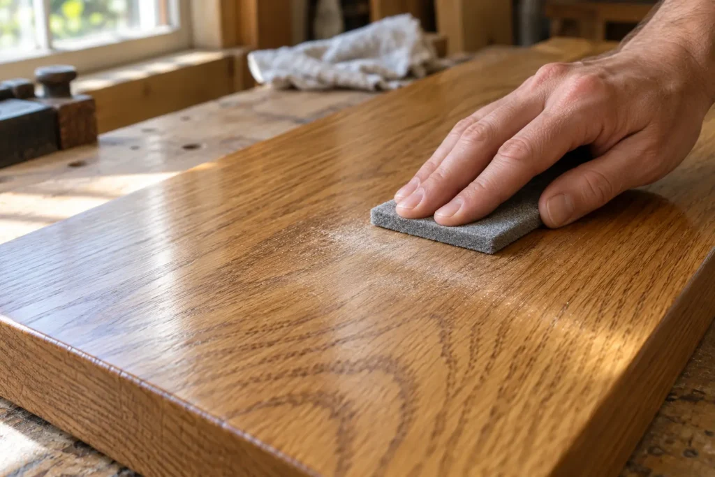 A hand lightly scuffing clear-finished oak with a fine foam sanding pad