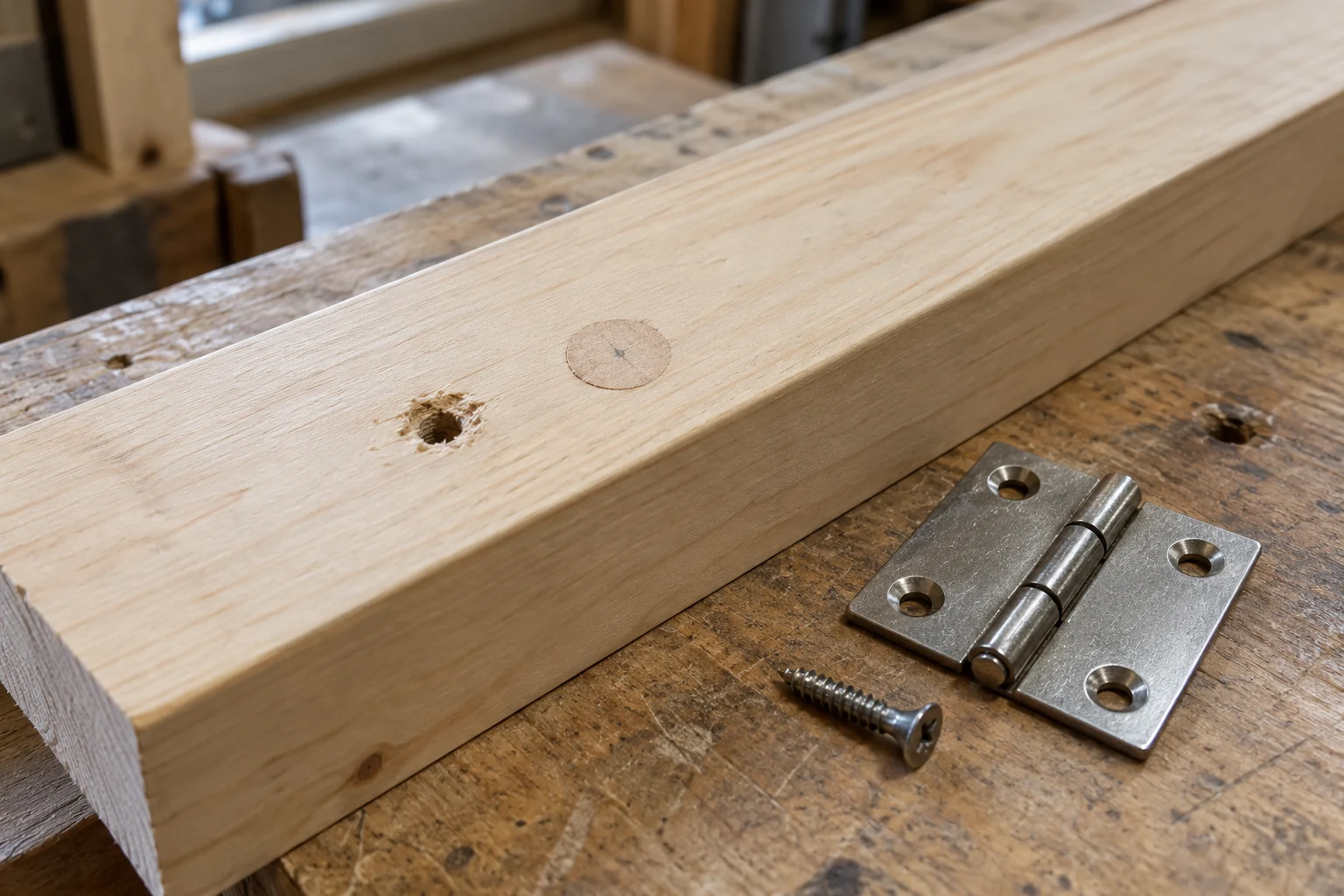 A worn screw hole beside a flush hardwood plug, with a loose cabinet hinge and screw