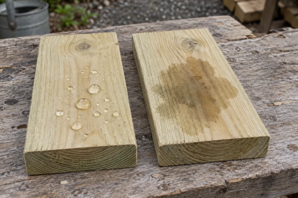 Water beading on one treated softwood offcut and an absorbed wet patch on another