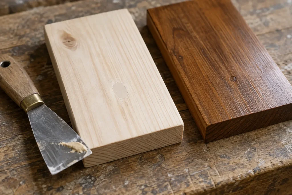 Small filler repair in unfinished pine beside a colour-matched putty repair in a finished board