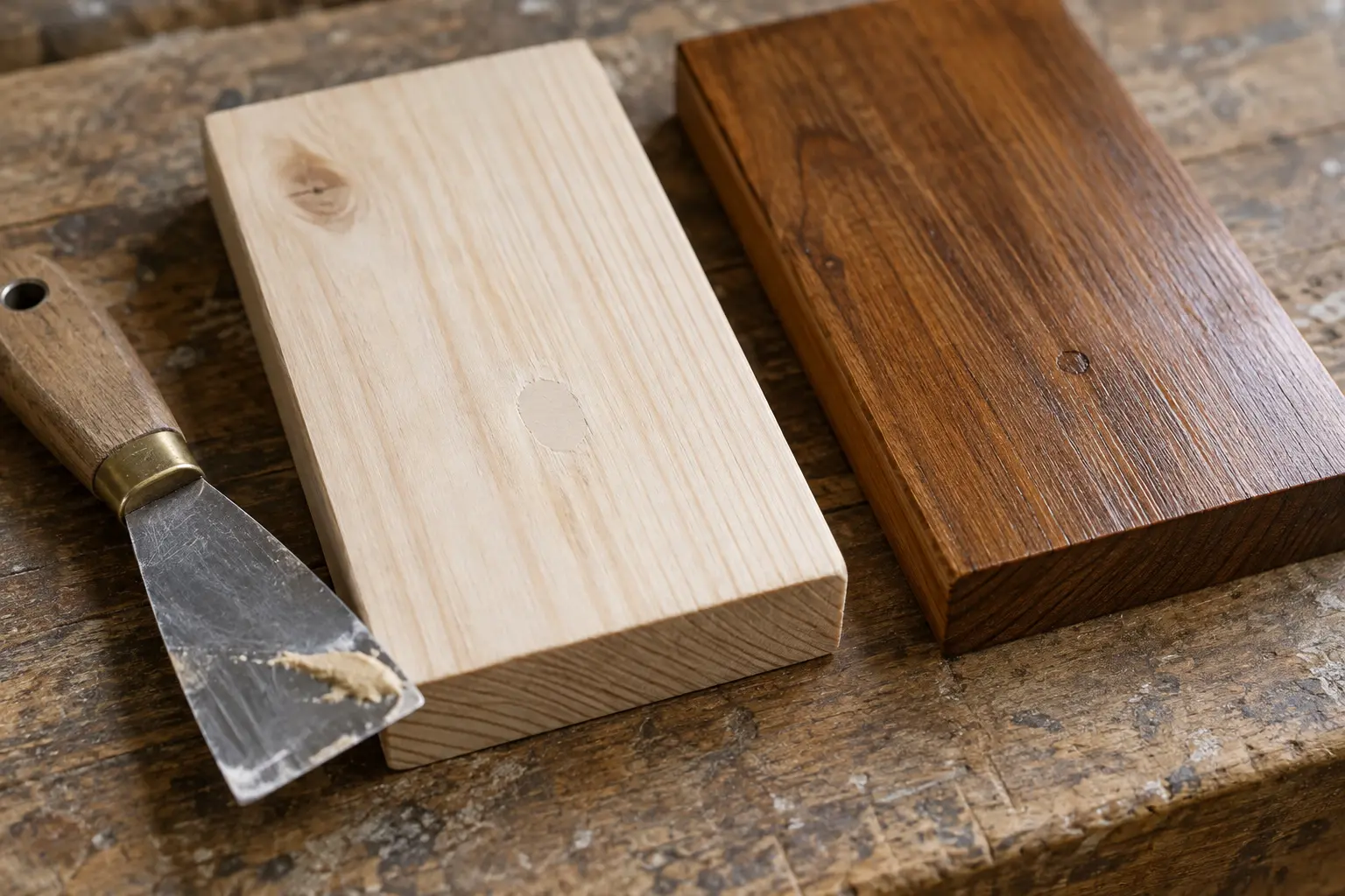 Small filler repair in unfinished pine beside a colour-matched putty repair in a finished board